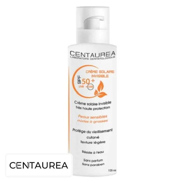 Flacon pompe blanc Centaurea Crème Solaire Invisible SPF50+ 125 ml, impressions orange