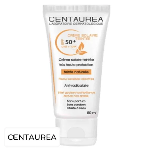 Tube blanc Centaurea Crème Solaire Teintée SPF50+ 50 ml, impressions orange