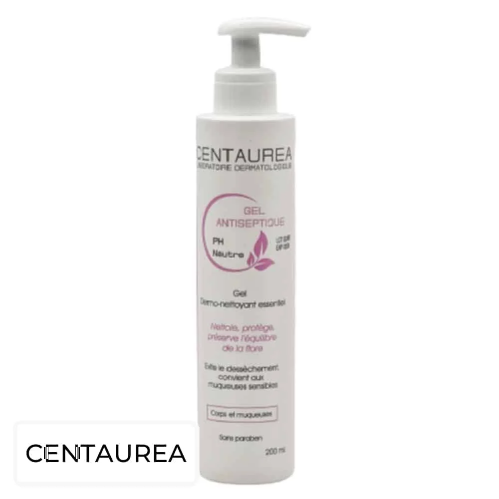 centaurea-gel-antiseptique-ph-neutre-200ml.jpg Flacon pompe blanc Centaurea Gel Antiseptique PH Neutre 200 ml, impressions roses