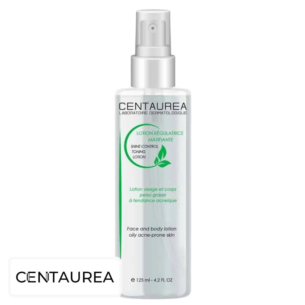 centaurea-lotion-regulatrice-matifiante-125ml.jpg Flacon spray blanc Centaurea Lotion Régulatrice Matifiante 125 ml, impressions vertes