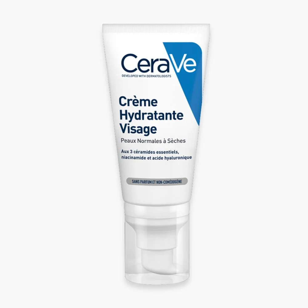 cerave-creme-hydratante-visage-peau-normale-a-seche-52ml.jpg Tube blanc et bleu CeraVe crème hydratante visage sans SPF, pompe airless