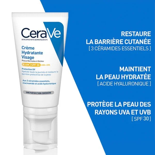 CeraVe Crème Hydratante Visage Peau Normale à Sèche SPF30 52ml – photo 2