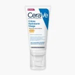 Tube blanc et bleu CeraVe crème hydratante visage SPF50, bandeau Nouveau