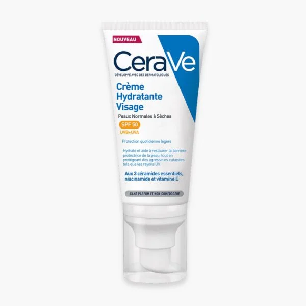 Tube blanc et bleu CeraVe crème hydratante visage SPF50, bandeau Nouveau
