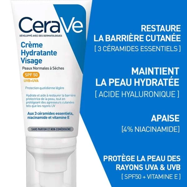 CeraVe Crème Hydratante Visage Peau Normale à Sèche SPF50 52ml – photo 2