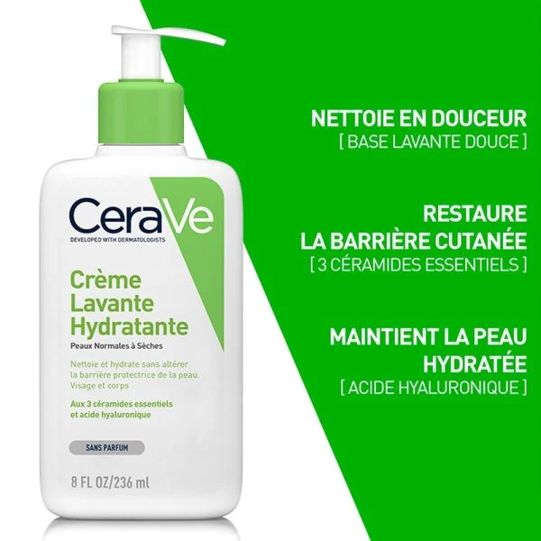 CeraVe Crème Lavante Hydratante Peau Normale à Sèche 236ml – photo 2