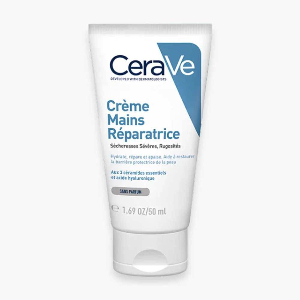 cerave-creme-mains-reparatrice-secheresse-severes-rugosites-50ml.jpg Tube blanc et bleu CeraVe Crème Mains Réparatrice format nomade 50 ml
