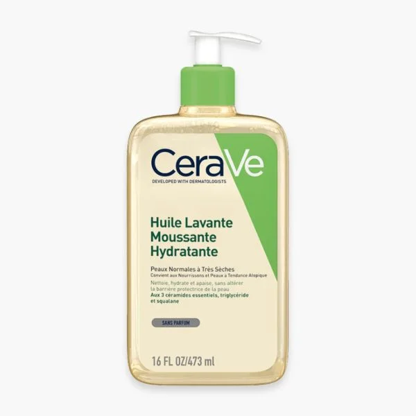 Flacon pompe CeraVe Huile Lavante Moussante translucide et vert 473 ml