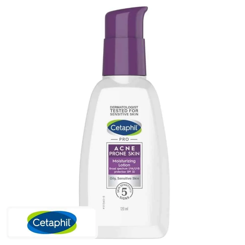 cetaphil-pro-lotion-hydratante-spf30-peau-a-tendance-acneique-120ml.jpg Flacon-pompe blanc et violet Cetaphil Pro lotion hydratante SPF 30, 120 ml