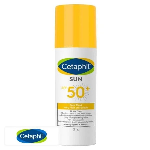 Flacon airless blanc et jaune Cetaphil Sun fluide visage SPF 50+, 50 ml