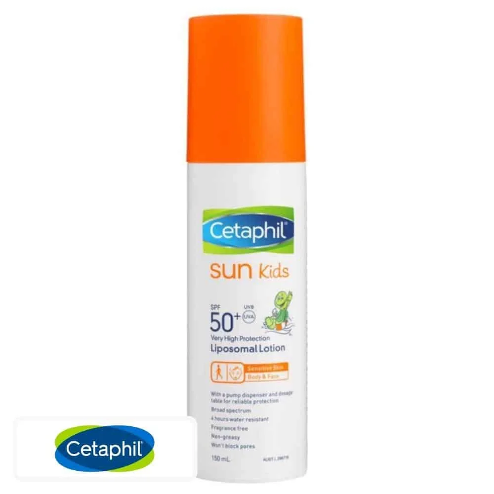 cetaphil-sun-kids-lotion-liposomale-spf50-150ml.jpg Flacon-pompe blanc et orange Cetaphil Sun Kids lotion liposomale SPF 50+