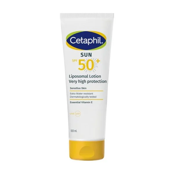 Tube blanc et jaune Cetaphil Sun lotion liposomale SPF 50+, 100 mL