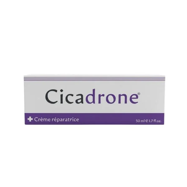 Boîte blanche et violette Cicadrone crème réparatrice, format 50 ml