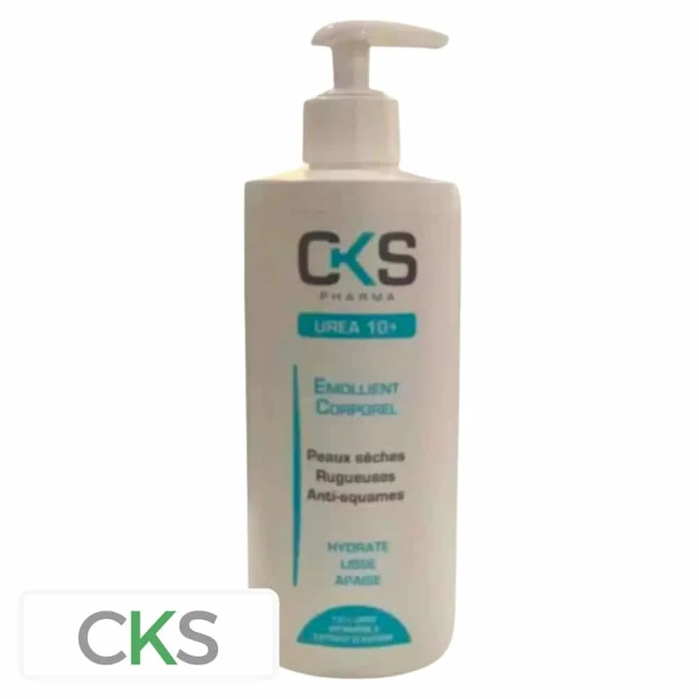 cks-urea-10-emollient-corporel-400ml.jpg Flacon pompe blanc CKS Pharma Urea 10+ émollient corporel, liseré turquoise