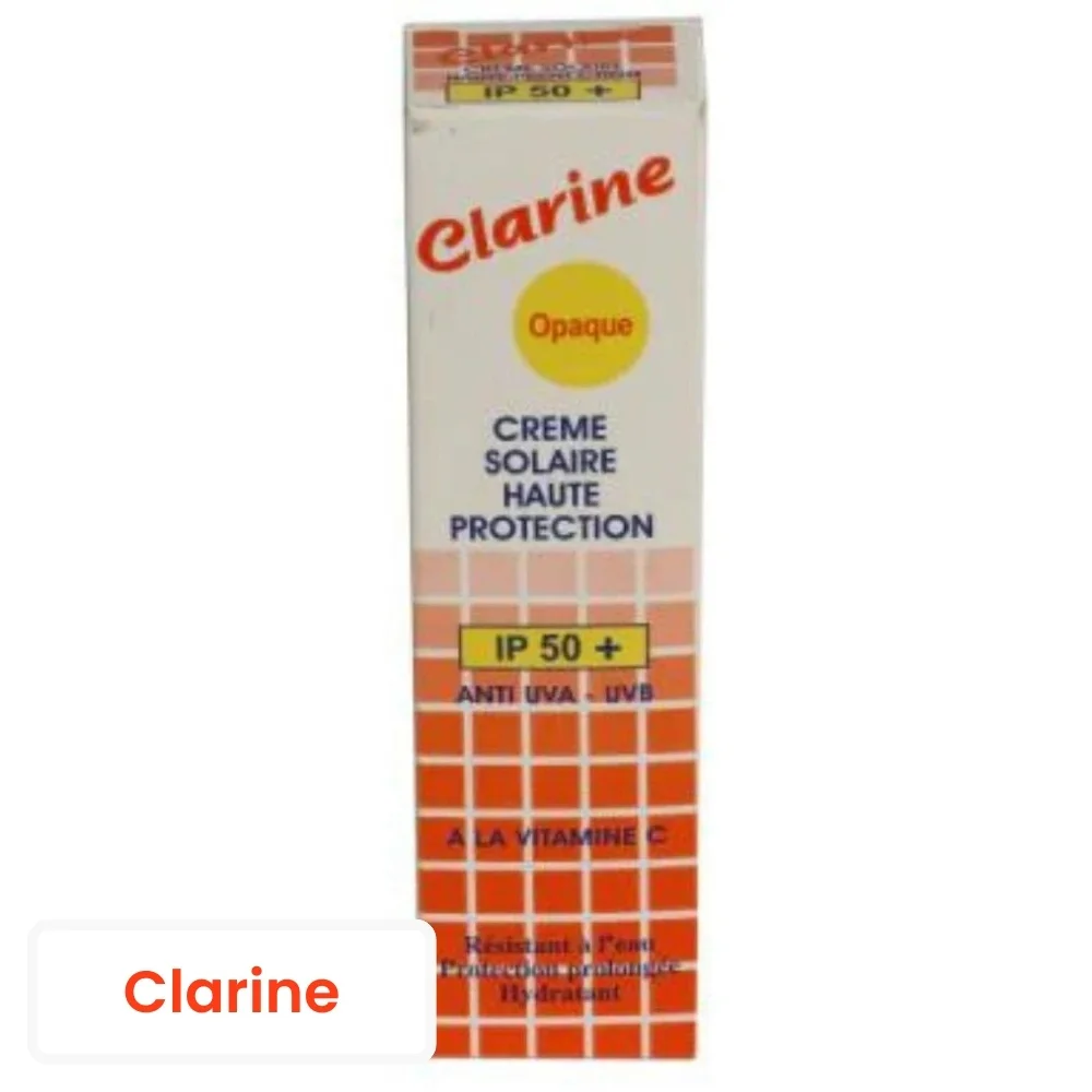 clarine-creme-solaire-teinte-opaque-a-la-vitamine-c-ip50-25g.jpg Étui orange et blanc Clarine Opaque crème solaire IP50+ vitamine C