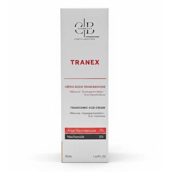 Étui blanc et rouge CLB Cosmetics Tranex crème acide tranexamique 50 ml