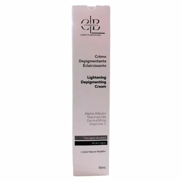 Étui rose pâle CLB crème dépigmentante éclaircissante alpha-arbutine 50 ml