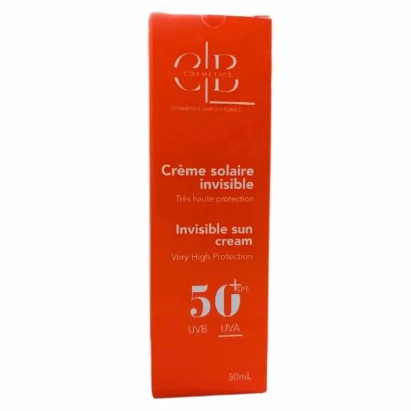 Étui orange CLB crème solaire invisible SPF50+ UVA UVB 50 ml