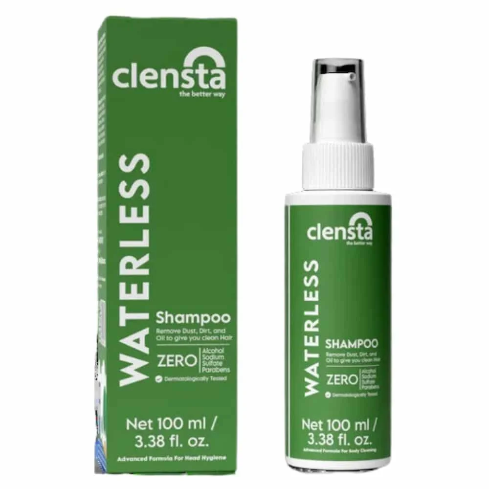 clensta-waterless-shampoing-sans-eau-100ml.jpg Boîte verte et flacon spray Clensta Waterless shampoing sans eau 100 ml