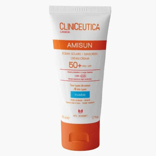 Tube blanc et orange Cliniceutica Amisun écran solaire invisible SPF50+ 50 ml