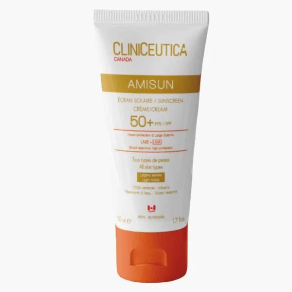 Tube blanc et doré Cliniceutica Amisun écran solaire teinté SPF50+ 50 ml