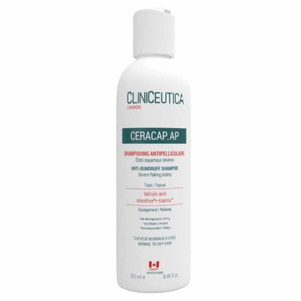 cliniceutica-ceracap-ap-shampooing-anti-pelliculaire-250ml.jpg Flacon blanc et vert Cliniceutica Ceracap.AP shampooing antipelliculaire 250 ml