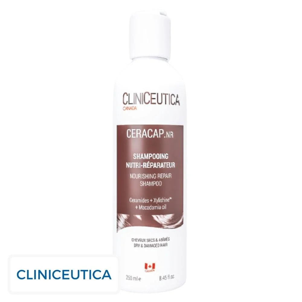 cliniceutica-ceracap-nr-shampoing-nutri-reparateur-250ml.jpg Flacon blanc et brun Cliniceutica Ceracap NR shampooing nutri-réparateur 250 ml