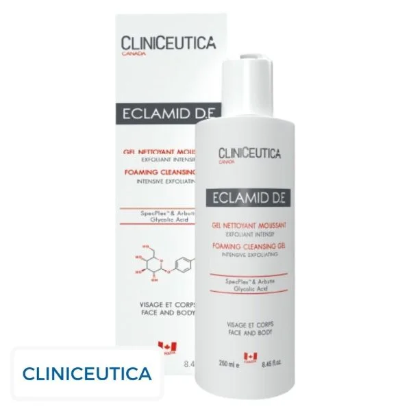 Flacon blanc et étui Cliniceutica Eclamid D.E gel nettoyant moussant 250 ml
