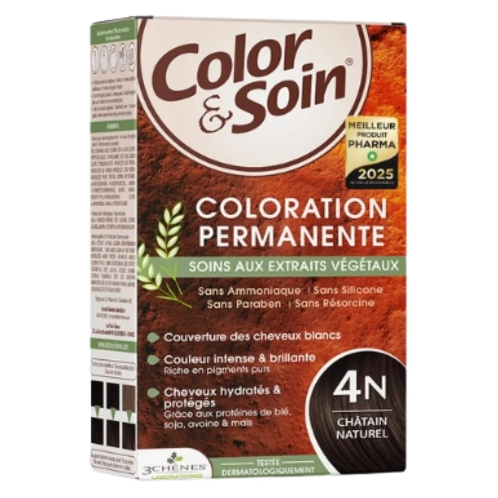 color-soin-coloration-marron-glace-4a.jpg Boîte marron de coloration permanente châtain naturel 4N Color & Soin Les 3 Chênes
