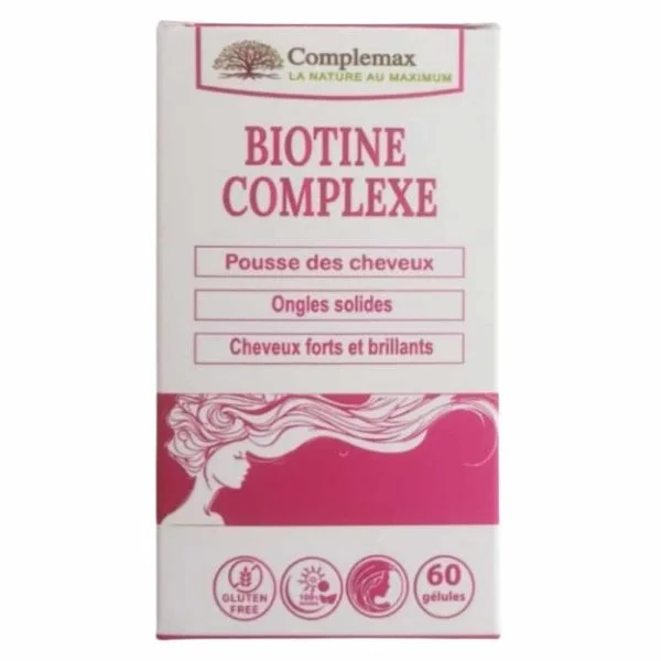 Boîte rose Complemax Biotine Complexe 60 gélules silhouette cheveux