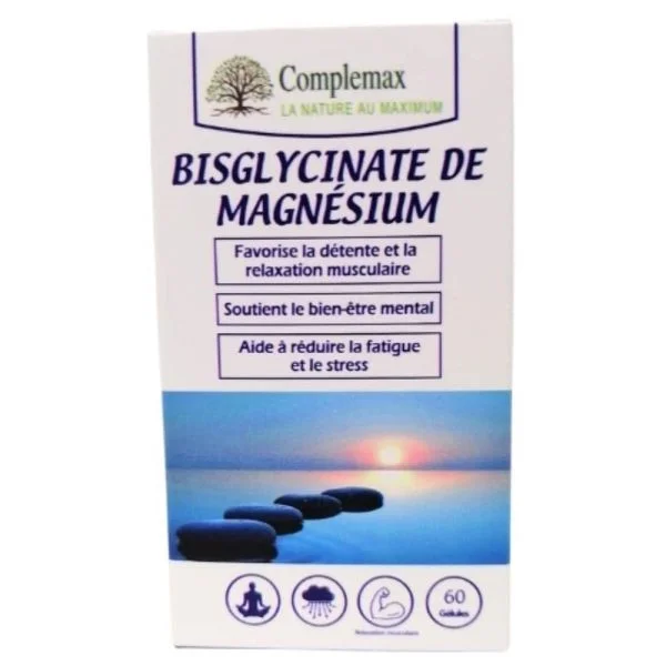 Boîte blanche et bleue Complemax Bisglycinate de magnésium 60 gélules