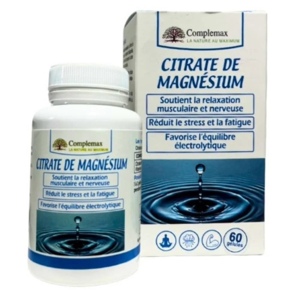 complemax-citrate-de-magnesium-relaxation-musculaire-et-nerveuse-60-gelules.jpg Boîte et pilulier Complemax Citrate de magnésium 60 gélules