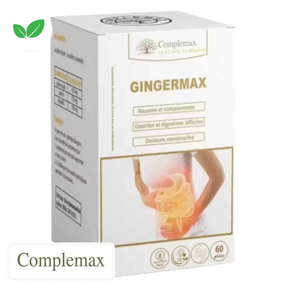 complemax-gingermax-60-gelules.jpg Boîte blanche et dorée Complemax Gingermax 60 gélules