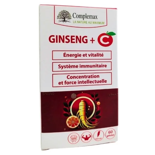 Boîte Complemax Ginseng + C 60 gélules, packaging blanc et rouge