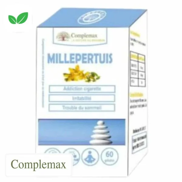 Boîte Complemax Millepertuis 60 gélules avec fleurs jaunes, packaging bleu clair