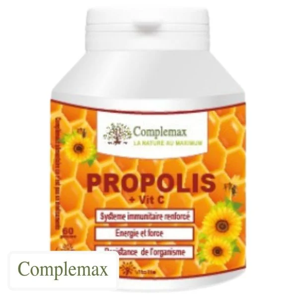 Pot Complemax Propolis et vitamine C 60 gélules, étiquette orange nid d'abeilles