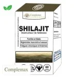 Boîte Complemax Shilajit 60 gélules, packaging blanc et kaki, paysage de montagnes