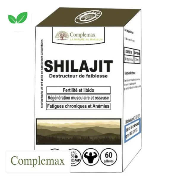 Boîte Complemax Shilajit 60 gélules, packaging blanc et kaki, paysage de montagnes
