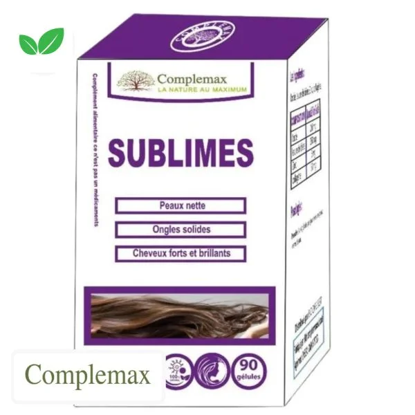 Boîte Complemax Sublimes 90 gélules, packaging blanc et violet, chevelure