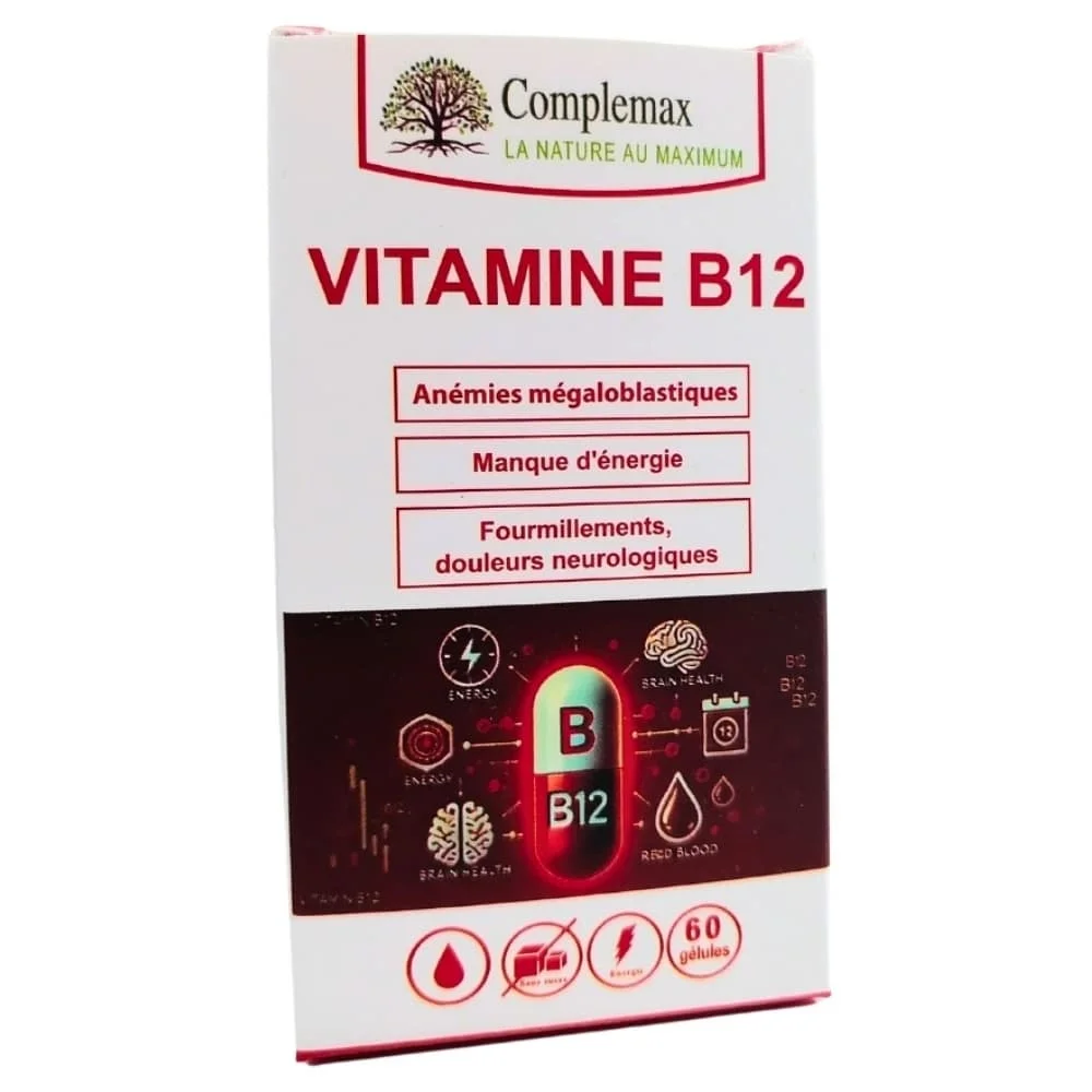 complemax-vitamine-b12-anemie-energie-et-fourmillements-60-gelules.jpg Boîte Complemax Vitamine B12 60 gélules, packaging blanc et bordeaux