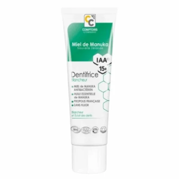 Tube blanc et vert de dentifrice Blancheur au miel de Manuka IAA15+