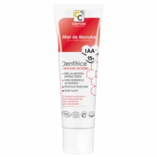 Tube blanc et rouge dentifrice gencives sensibles miel de Manuka IAA15+