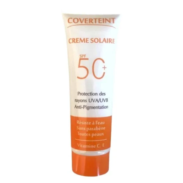 Tube blanc et orange Coverteint crème solaire SPF 50+ anti-pigmentation teinte claire