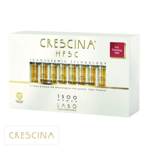 Étui blanc et doré Crescina HFSC 1300 Woman, vingt ampoules ambrées visibles