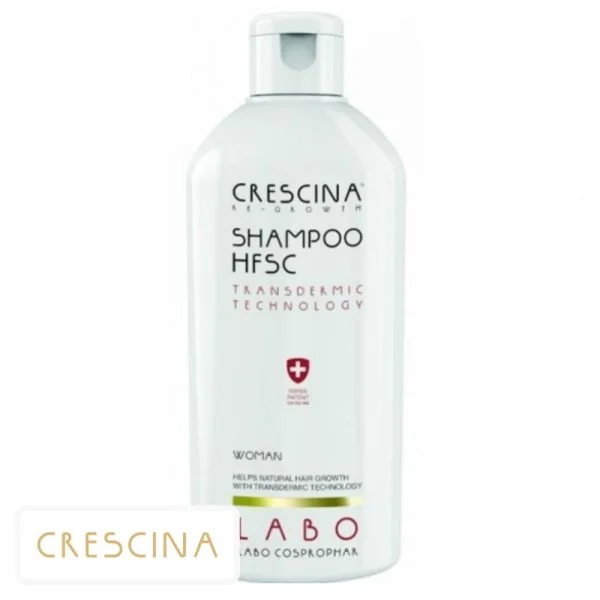 Flacon blanc Crescina Shampoo HFSC Woman, bouchon blanc, mention brevet suisse