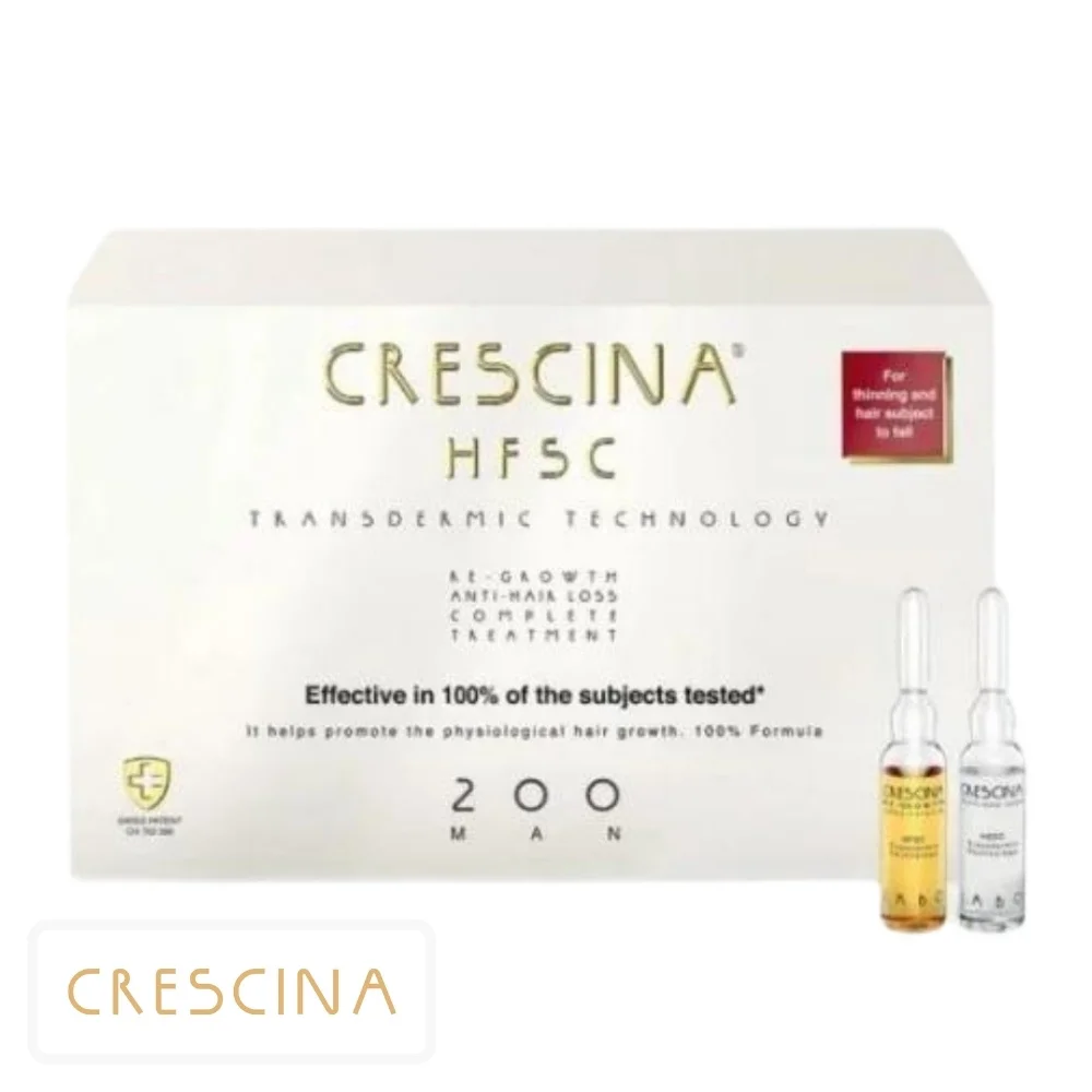crescina-hfsc-homme-200-traitement-anti-chute-complet-ampoules-1010u.jpg Boîte beige Crescina HFSC 200 Man et deux ampoules, ambrée et transparente