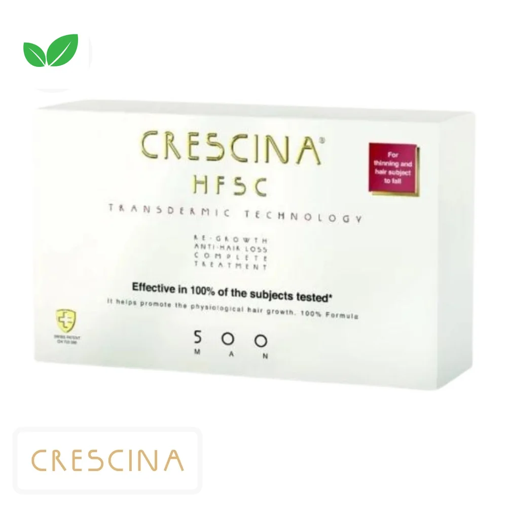 crescina-hfsc-homme-500-traitement-anti-chute-complet-ampoules-1010u.jpg Boîte blanche Crescina HFSC 500 Man, mention Transdermic Technology et brevet suisse