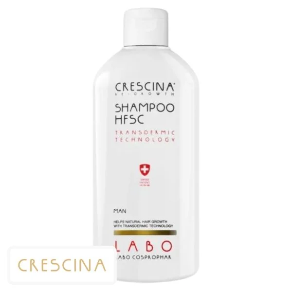 Flacon blanc Crescina Shampoo HFSC Man, écusson suisse rouge, bouchon blanc