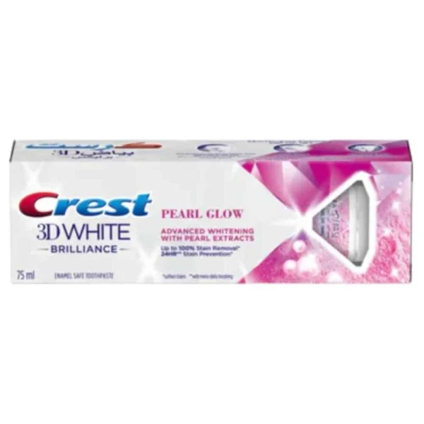 Étui rose et blanc Crest 3D White Brilliance Pearl Glow, tube apparent, 75 ml