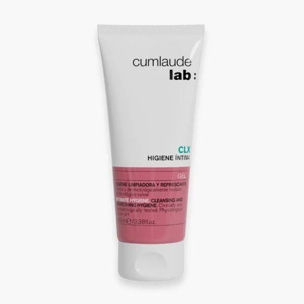 Tube blanc et rose Cumlaude Lab CLX Higiene Íntima gel, bouchon à plat